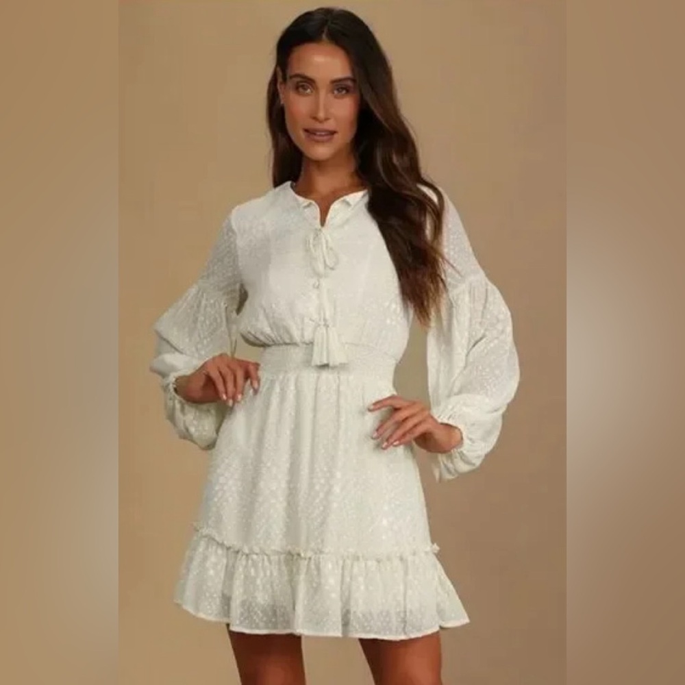 Lulus Cream Swiss Dot Long Sleeve Mini Dress NWT Medium Cottagecore Boho